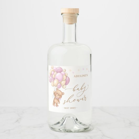 テディベアーピンクバルーン赤ちゃんシャワー リキュールボトルラベル (正面)