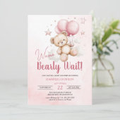 テディベアーピンクバルーン赤ちゃんシャワー 招待状 (スタンド正面)