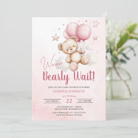 テディベアーピンクバルーン赤ちゃんシャワー 招待状 (スタンド正面)