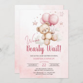 テディベアーピンクバルーン赤ちゃんシャワー 招待状 (正面/裏面)