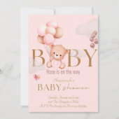 テディベアーピンクバルーン赤ちゃん女の子ベビーシャワー 招待状 (正面)