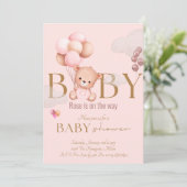 テディベアーピンクバルーン赤ちゃん女の子ベビーシャワー 招待状 (スタンド正面)
