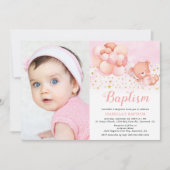 テディベアーピンクバルーン金ゴールド星写真バプテスマ 招待状 (正面)