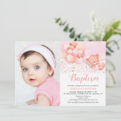 テディベアーピンクバルーン金ゴールド星写真バプテスマ 招待状 (スタンド正面)