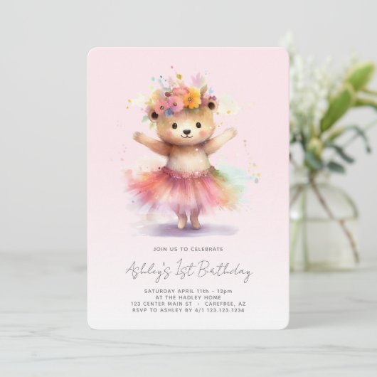 テディベアーピンクバレリーナ1回目の誕生日 招待状 (スタンド正面)