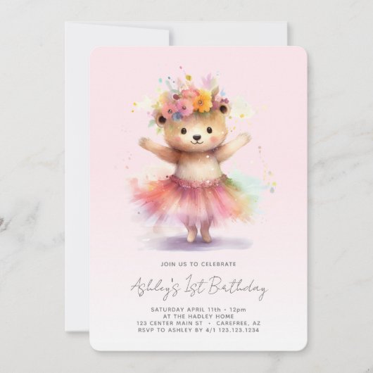 テディベアーピンクバレリーナ1回目の誕生日 招待状 (正面)