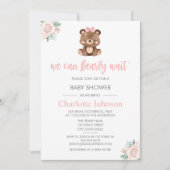 テディベアーピンクフローラガールベビーシャワー 招待状 (正面)