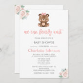 テディベアーピンクフローラガールベビーシャワー 招待状 (正面/裏面)