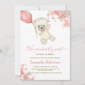 テディベアーピンクフローラバルーンガールベビーシャワー 招待状 (正面)