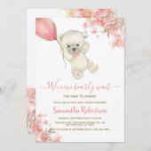テディベアーピンクフローラバルーンガールベビーシャワー 招待状 (正面/裏面)
