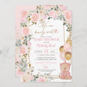テディベアーピンクフローラバルーン女の子ベビーシャワー 招待状 (正面/裏面)