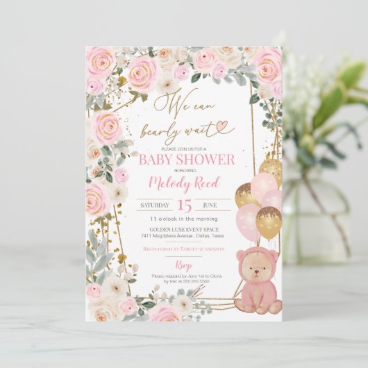 テディベアーピンクフローラバルーン女の子ベビーシャワー 招待状 (スタンド正面)