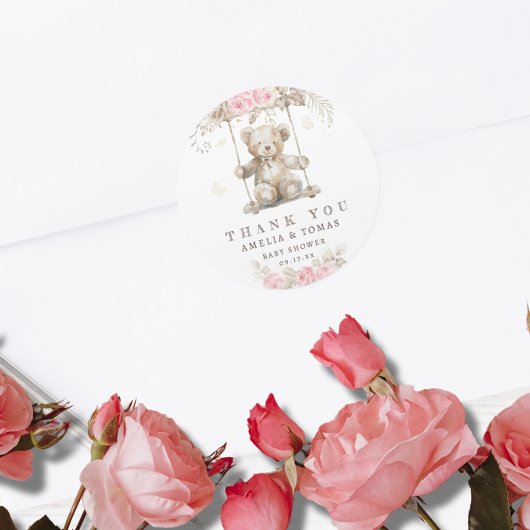 テディベアーピンクフローラ赤ちゃんシャワーありがとう ラウンドシール