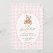 テディベアーピンクプレイドガールベビーシャワー招待状 招待状 (正面/裏面)