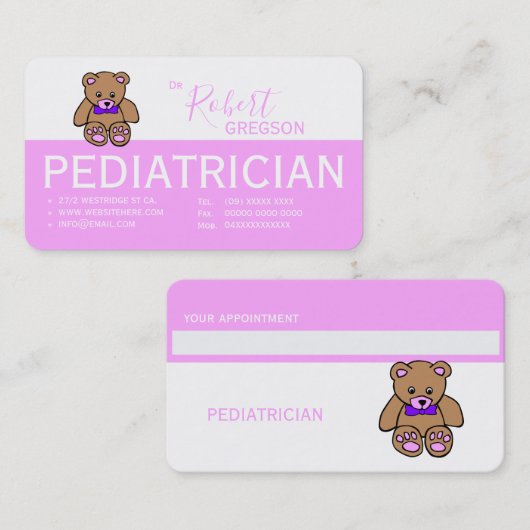 テディベアーピンクペディアトリシアアポイントメントカード 予約カード (正面/裏面)