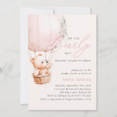 テディベアーピンクホットエアバルーンガールベビーシャワー 招待状 (正面)