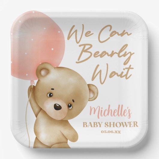 テディベアーピンク我々は赤ちゃんシャワーを待つことができる ペーパープレート (正面)