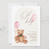 テディベアーピンク我々は赤ちゃんシャワーを待つことができる 招待状 (正面)