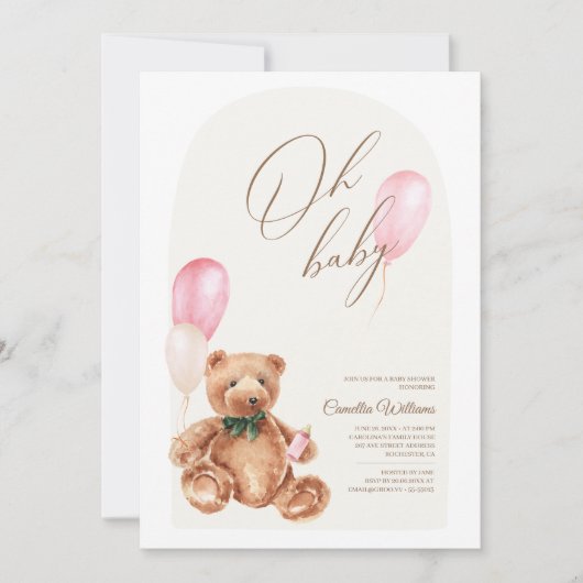 テディベアーピンク我々は赤ちゃんシャワーを待つことができる 招待状 (正面)