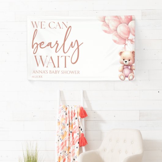 テディベアーピンク我々は赤ちゃんシャワーを待つことができる 横断幕 (インサイチュ)