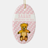 テディベアーピンク水玉模様ベビーガール誕生日付 セラミックオーナメント (右)