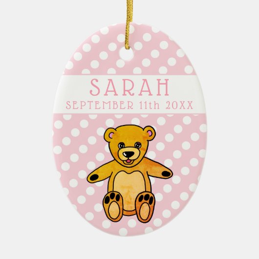 テディベアーピンク水玉模様ベビーガール誕生日付 セラミックオーナメント (正面)