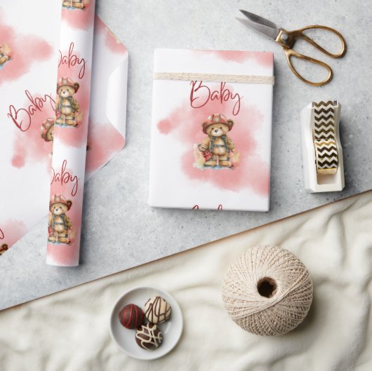 テディベアーファイアーマンボーイベビーシャワー ラッピングペーパー (クラフト)