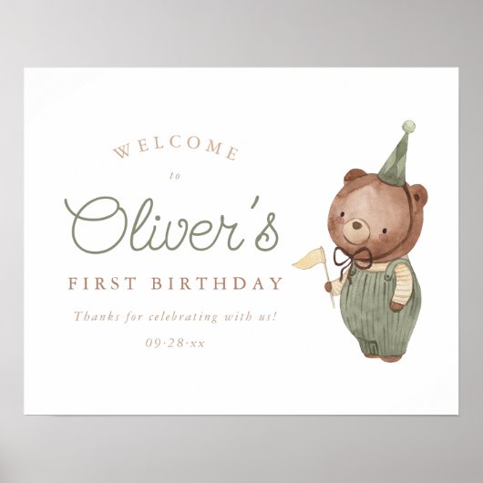 テディベアーファースト誕生日パーティー歓迎サイン ポスター (正面)