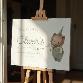 テディベアーファースト誕生日パーティー歓迎サイン ポスター