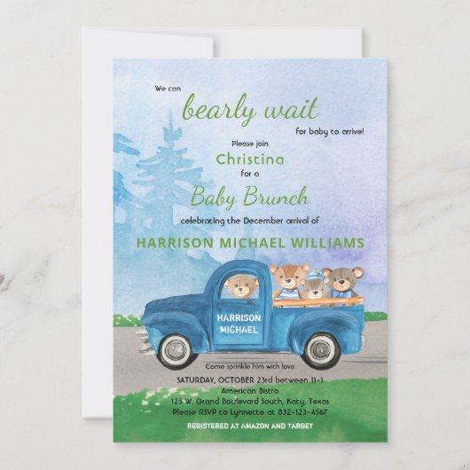 テディベアーブルートラックグリーンフォレストボーイベビーシャワー 招待状 (正面)