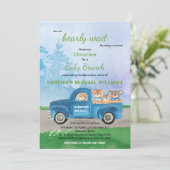 テディベアーブルートラックグリーンフォレストボーイベビーシャワー 招待状 (スタンド正面)