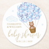 テディベアーブルーバルーズボーイベビーシャワー ラウンドペーパーコースター (正面)