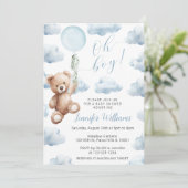 テディベアーブルーバルーンオーボーイベビーシャワー 招待状 (スタンド正面)