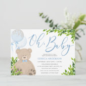 テディベアーブルーバルーングリーンリーボーイ赤ちゃんシャワー 招待状 (スタンド正面)