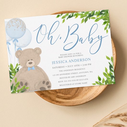 テディベアーブルーバルーングリーンリーボーイ赤ちゃんシャワー 招待状