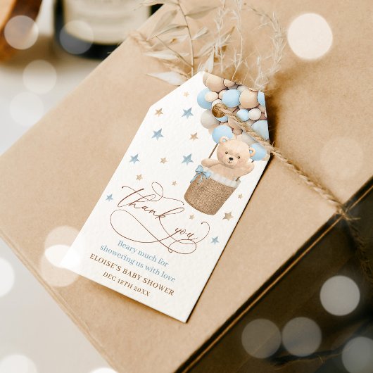 テディベアーブルーバルーンバーリーウェイベビーシャワー ギフトタグ