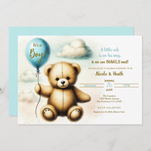 テディベアーブルーバルーンバーリーウェイベビーシャワー 招待状 (正面/裏面)