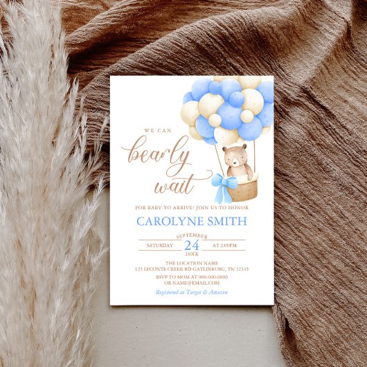 テディベアーブルーバルーンバーリーウェイベビーシャワー 招待状
