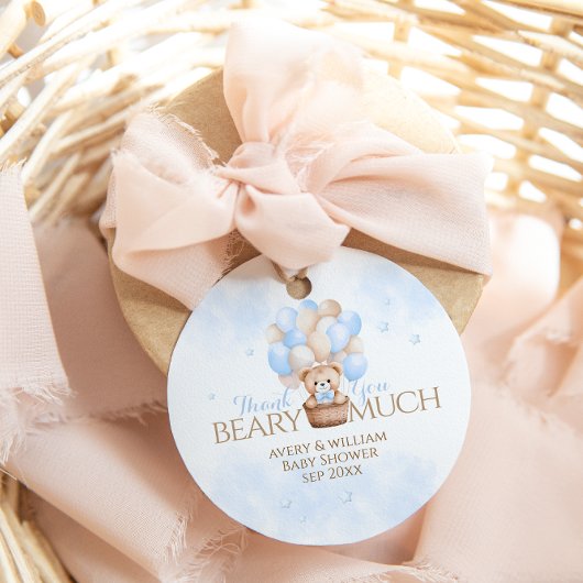 テディベアーブルーバルーンボーイベビーシャワー フェイバータグ