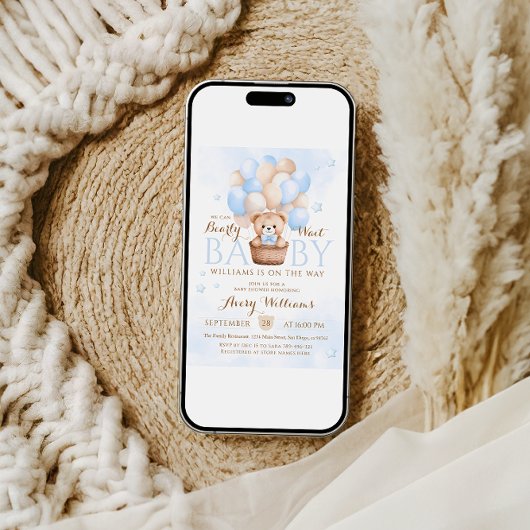 テディベアーブルーバルーンボーイベビーシャワー 招待状