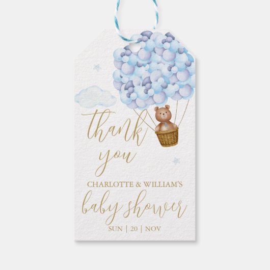 テディベアーブルーバルーン赤ちゃんシャワーありがとう ギフトタグ (裏面)