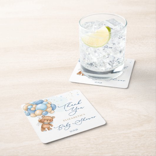 テディベアーブルーバルーン赤ちゃんシャワーありがとう スクエアペーパーコースター (インサイチュ)