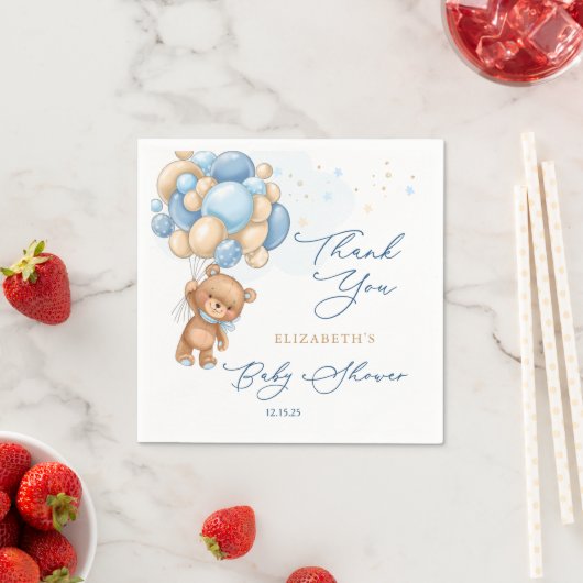 テディベアーブルーバルーン赤ちゃんシャワーありがとう スタンダードカクテルナプキン (インサイチュ)