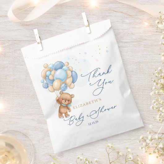 テディベアーブルーバルーン赤ちゃんシャワーありがとう フェイバーバッグ (クリップ留めされた状態)