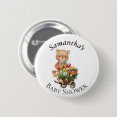 テディベアーブルーベビーシャワーフローラ 素朴 缶バッジ (正面&裏面)