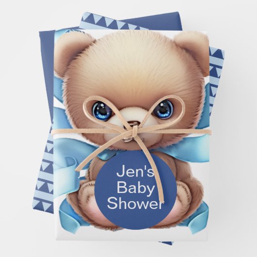 テディベアーブルーベビーシャワー ラッピングペーパーシート (インサイチュ)