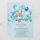 テディベアーブルーヴィンテージトラックボーイベビーシャワー 招待状 (正面/裏面)