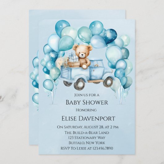 テディベアーブルーヴィンテージトラックボーイベビーシャワー 招待状 (正面/裏面)