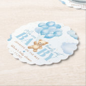 テディベアーブルー私たちは赤ちゃんシャワーを待つことができる ペーパーコースター (アングル)