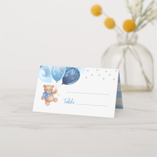 テディベアーブルー銀バルーン赤ちゃんシャワー折り プレイスカード (正面)